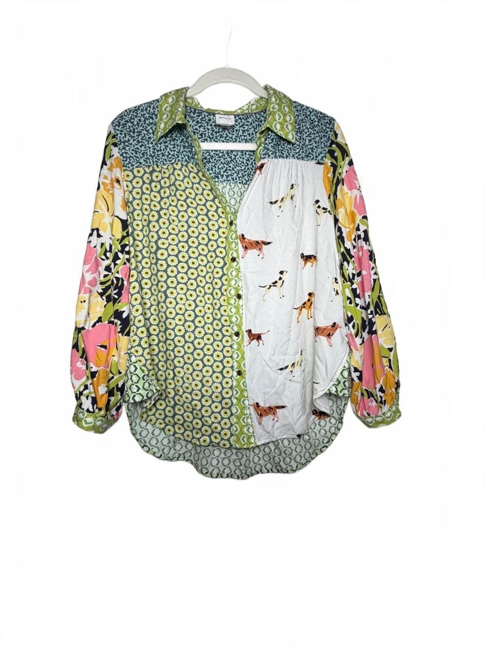 Maeve Paz Patchwork Print Button Down Blouse Green Floral Dog Small - Picture 2 of 7